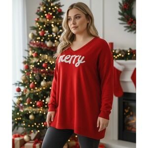 NEW‎ Red Merry Plus Size 2XL Christmas Long Sleeve V-Neck Dress